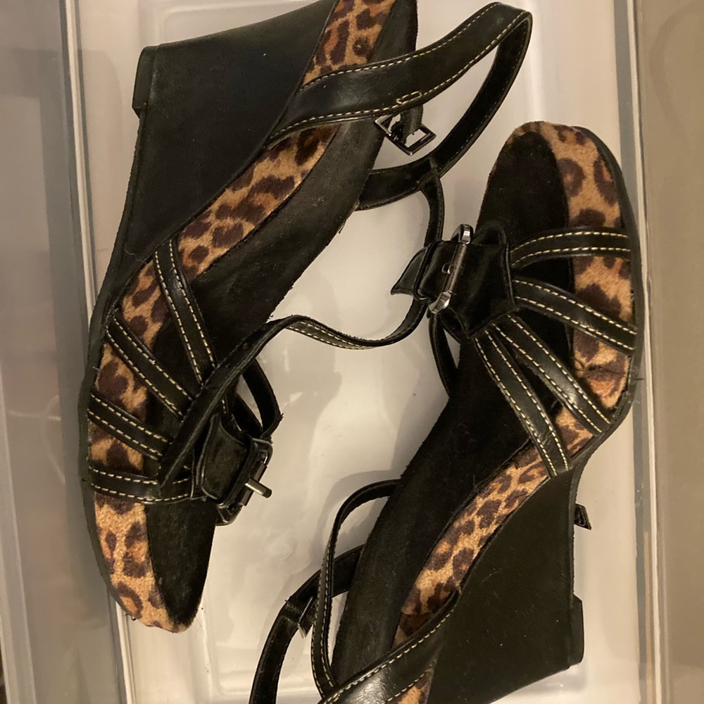 Aerosoles Black Strappy Wedges with Leopard Trim